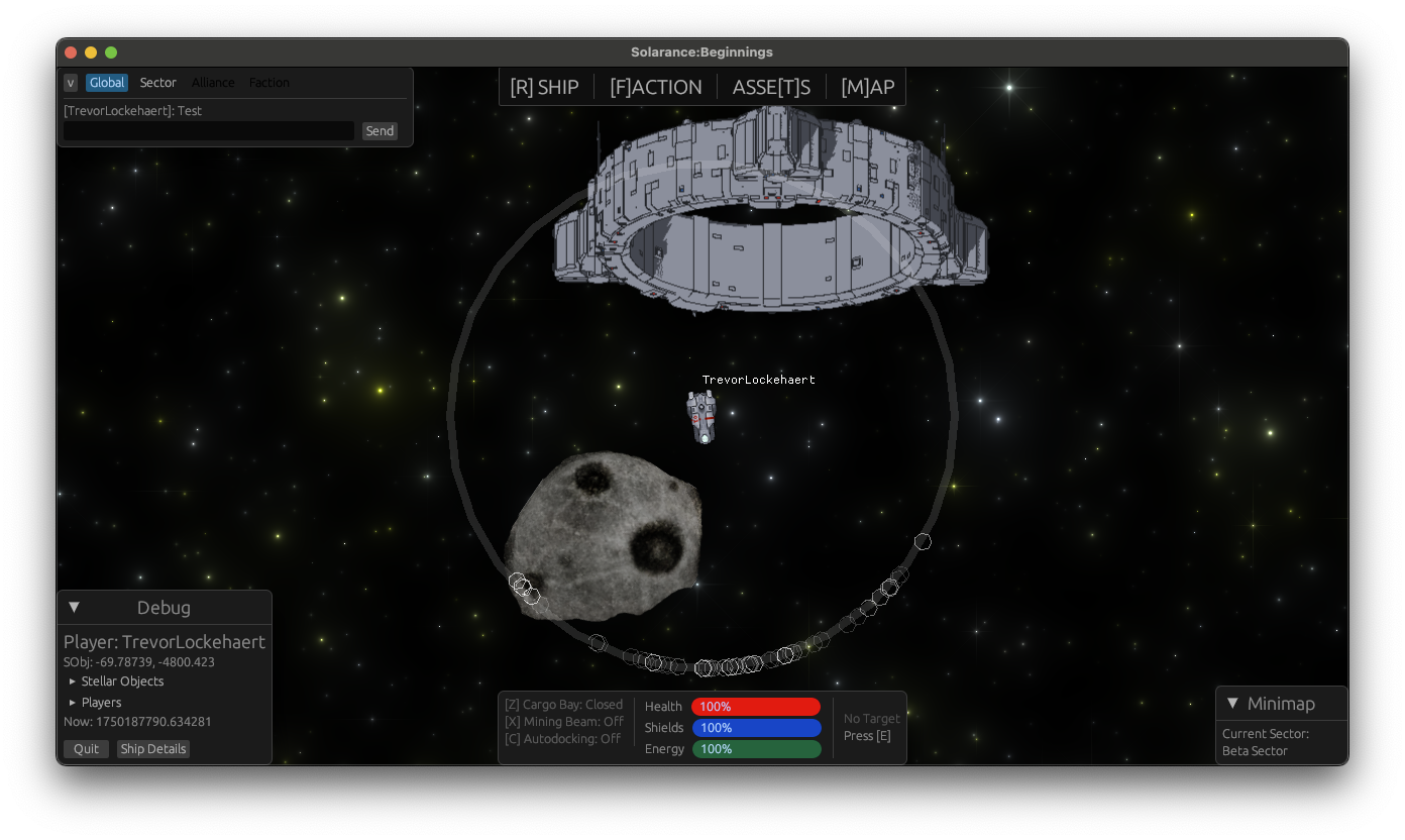 Corvette beside an asteroid, jumpgate above — in-engine screenshot of Solarance: Beginnings