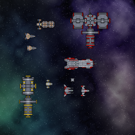 Hand-pixeled ship and station sprites on a nebula background