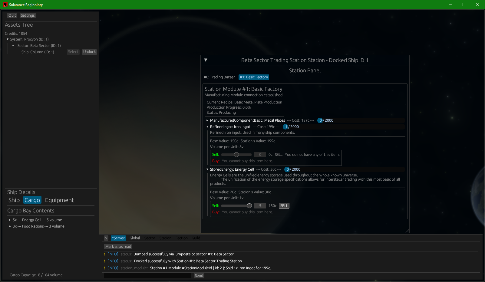 Station Panel showing the manufacturing module, cargo tree, and server chat log